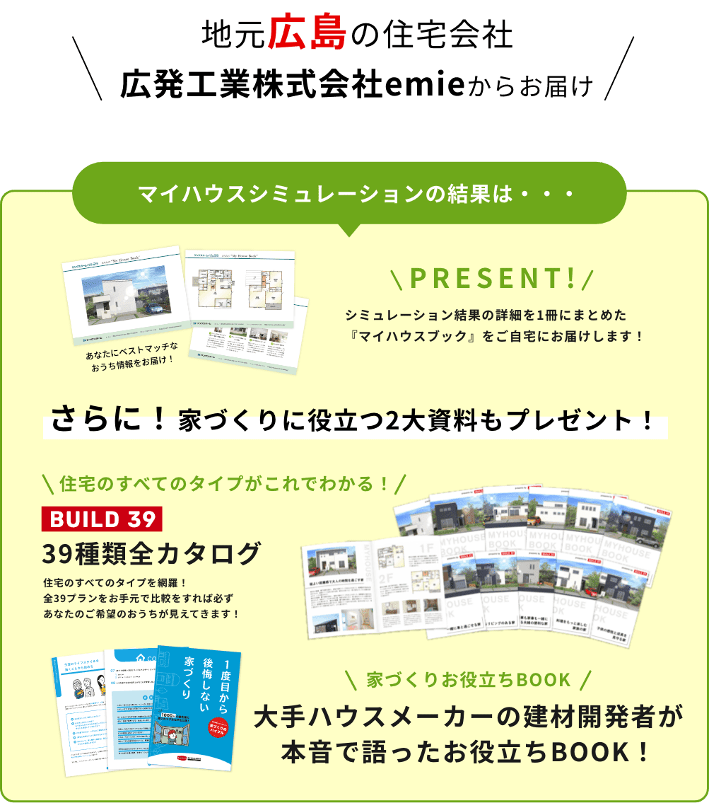 地元広島の住宅会社 広発工業株式会社emieからお届け マイハウスシミュレーションの結果は、一冊の「マイハウスブック」に仕上げてプレゼントいたします！